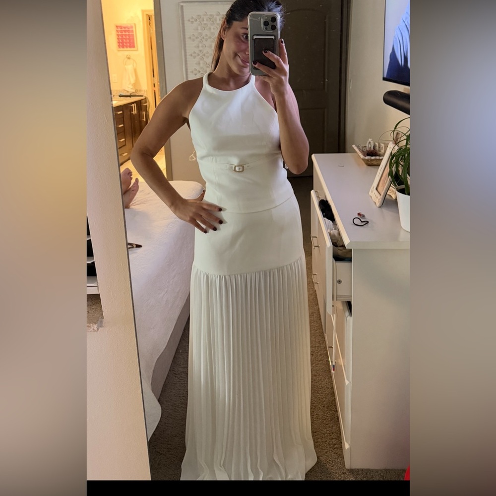 Meshki Jillian Pleated Maxi Skirt & Letitia Suiting Halter Top With Buckle
